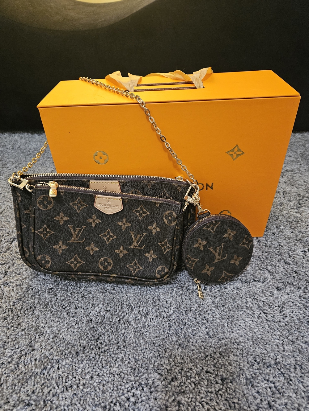 LV Monogram Canvas Trio Pouch Shoulder Bag in Brown With Chain Strap NWT